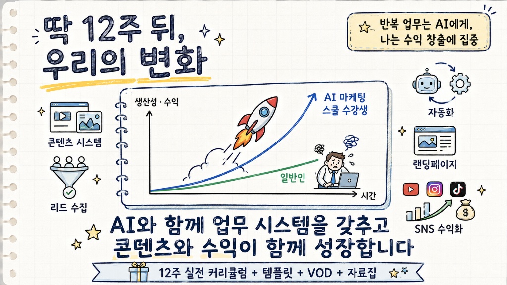 딱 12주 뒤 우리의 변화 — AI와 함께 업무 시스템을 갖추고 콘텐츠와 수익이 함께 성장합니다